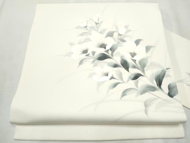 平和屋着物●塩瀬　九寸名古屋帯　作家物　手描き　枝花文　金彩　正絹　逸品　CABB0457hy