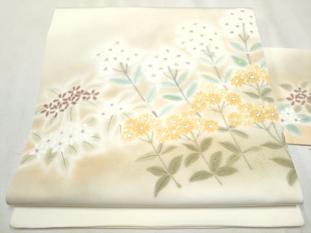 平和屋着物●塩瀬　九寸名古屋帯　手描き　枝花文　金彩　正絹　逸品　CABB0463hy