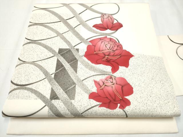 平和屋着物●塩瀬　九寸名古屋帯　薔薇　金彩　正絹　逸品　CABB0490hy
