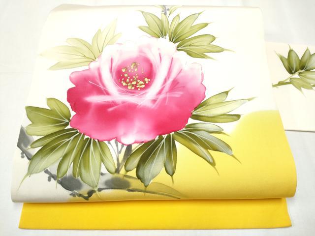 平和屋着物●塩瀬　九寸名古屋帯　手描き　舞花文　金彩　正絹　逸品　CABB0491hy