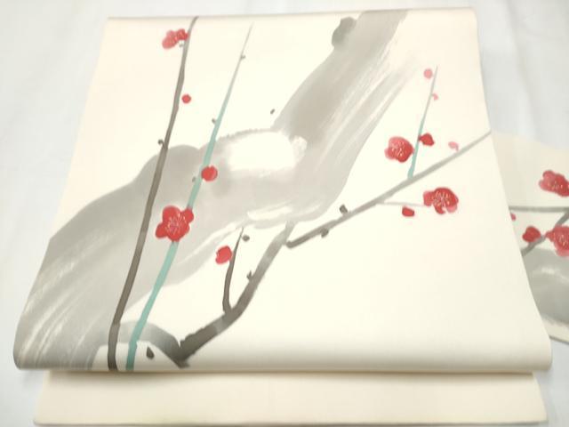 平和屋着物●塩瀬　九寸名古屋帯　手描き　枝梅文　金彩　正絹　逸品　CABB0496hy