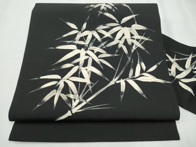 平和屋着物●塩瀬　九寸名古屋帯　手描き　笹　黒地　正絹　逸品　CABB0555hy