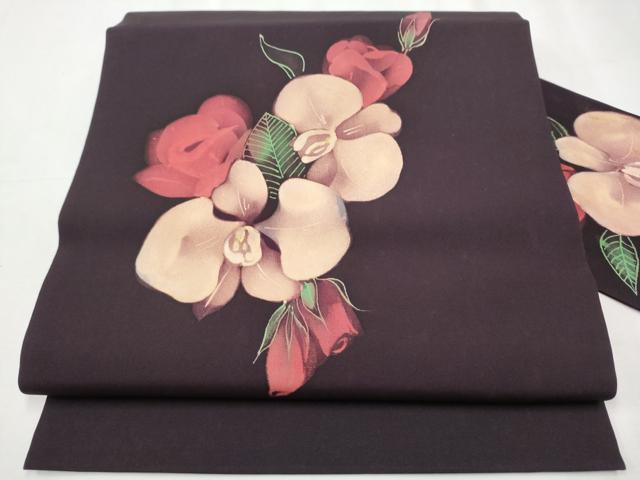 平和屋着物●塩瀬　九寸名古屋帯　手描き　舞花文　金彩　正絹　逸品　CABB0556hy