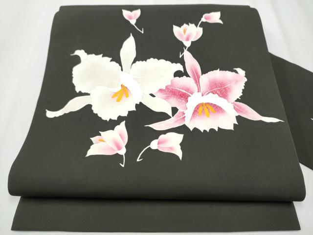 平和屋着物●塩瀬　九寸名古屋帯　カトレア　黒地　正絹　逸品　CABB0557hy