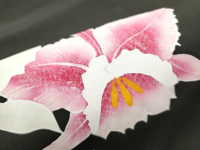 平和屋着物○塩瀬 九寸名古屋帯 カトレア 黒地 正絹 逸品 CABB0557hyの