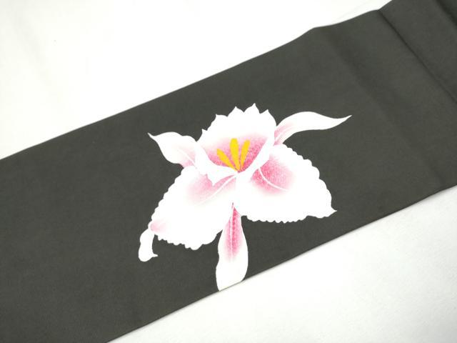 平和屋着物○塩瀬 九寸名古屋帯 カトレア 黒地 正絹 逸品 CABB0557hyの