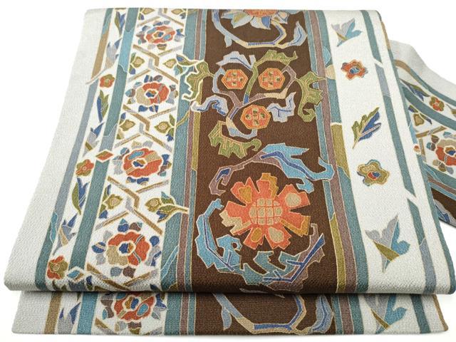 平和屋着物●全通柄　九寸名古屋帯　型染め　花間道　鬼しぼ縮緬　正絹　逸品　CABB0563hy