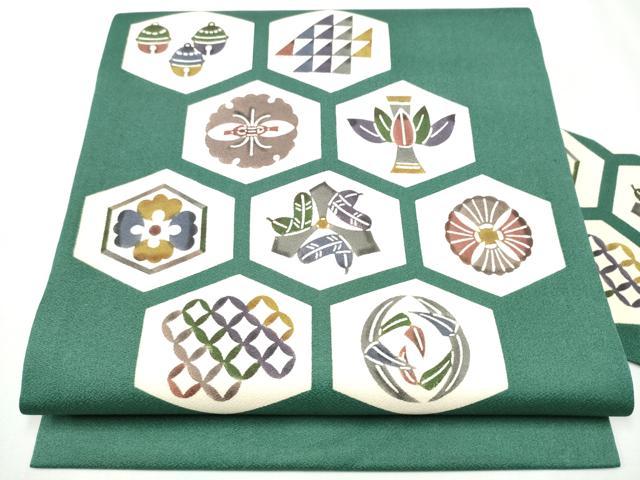 平和屋着物●九寸名古屋帯　型染め　亀甲吉祥花文　正絹　逸品　CABB0566hy