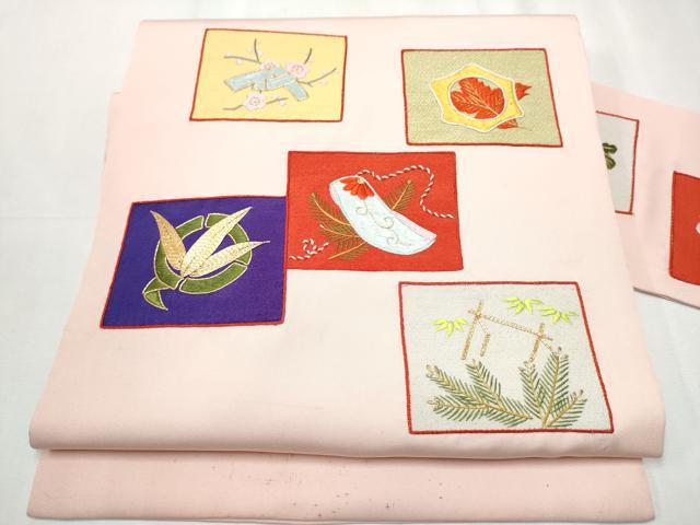 平和屋着物●塩瀬　九寸名古屋帯　駒刺繍　松竹梅花文　正絹　逸品　CABB0580hy