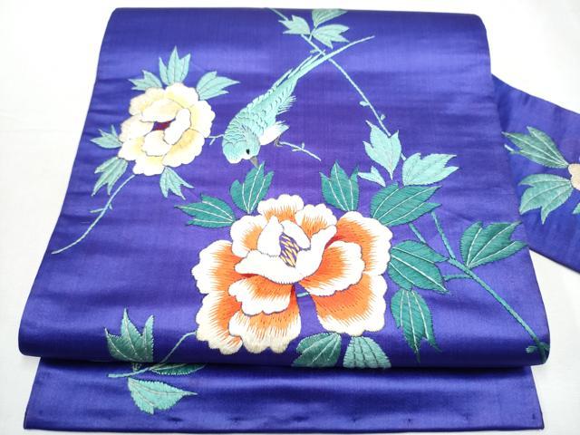平和屋着物●アンティーク　大正ロマン　九寸名古屋帯　総手刺繍　休み鳥枝牡丹　正絹　逸品　CABB0590hy