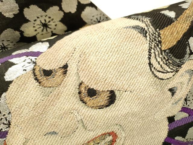 平和屋着物○アンティーク 大正ロマン 九寸名古屋帯 能面 舞桜文 黒地