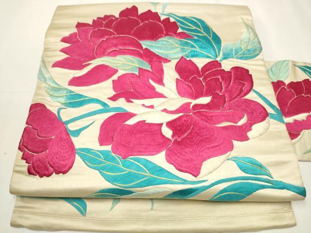 平和屋着物●アンティーク　大正ロマン　九寸名古屋帯　総刺繍　枝花文　正絹　逸品　CABB0592hy