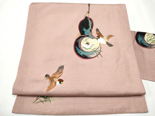 平和屋着物●アンティーク　大正ロマン　九寸名古屋帯　総刺繍　雀　瓢箪　正絹　逸品　CABB0599hy