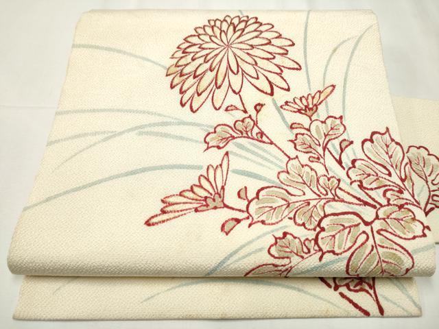 平和屋着物●人間国宝　森口華弘　蒔糊友禅　蒔糊散らし　九寸名古屋帯　菊　金彩　鬼しぼ縮緬　正絹　逸品　CABB0608hy