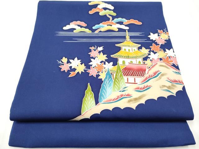 平和屋着物●塩瀬　九寸開き名古屋帯　風景草花文　金彩　正絹　逸品　CABB0611hy