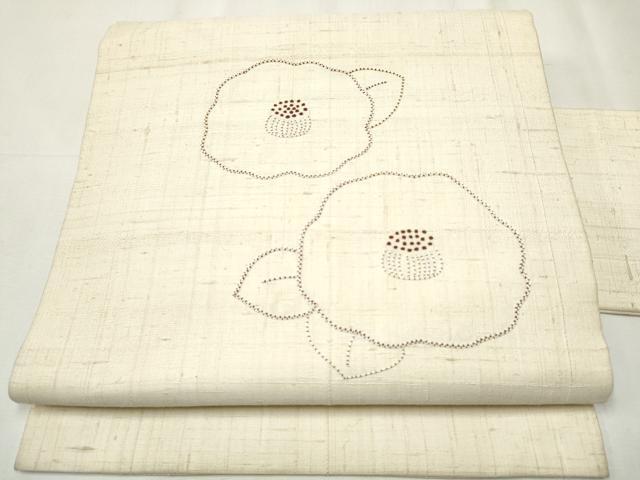 平和屋着物●九寸名古屋帯　紬地　刺し子　椿　正絹　逸品　CABB0613hy