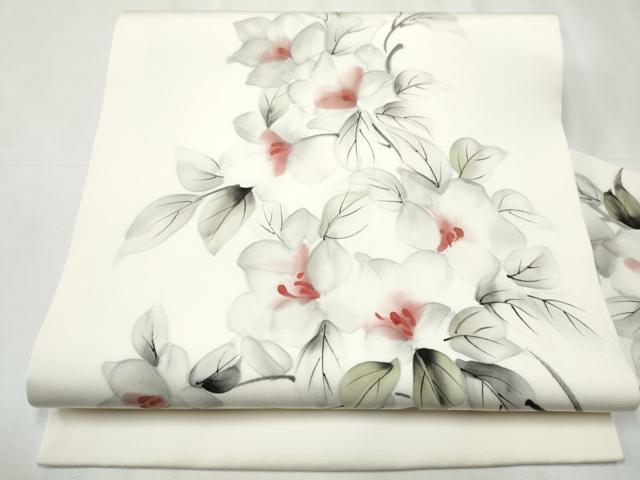 平和屋着物●塩瀬　九寸名古屋帯　作家物　手描き　枝花文　正絹　逸品　CABB0628hy
