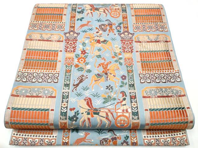 平和屋着物●六通柄袋帯　唐織　鎧脅し　狩猟花間道　金糸　正絹　逸品　CABB0646hy