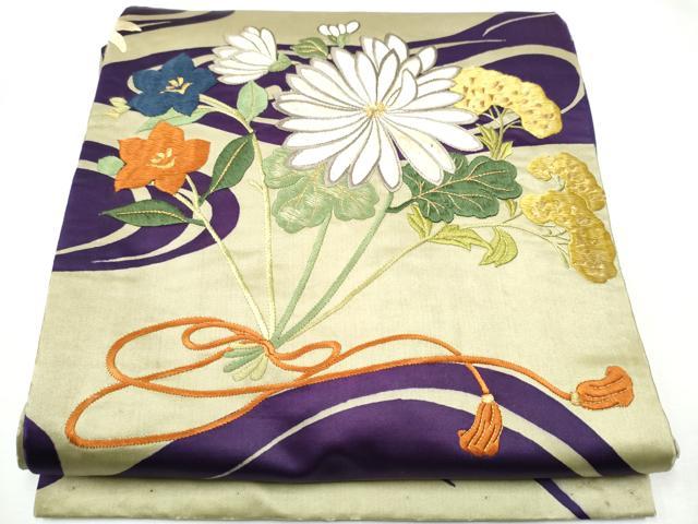 平和屋着物●アンティーク　大正ロマン　両面　六通柄袋帯　草花文　金糸　引き抜き帯　正絹　逸品　CABB0669hy