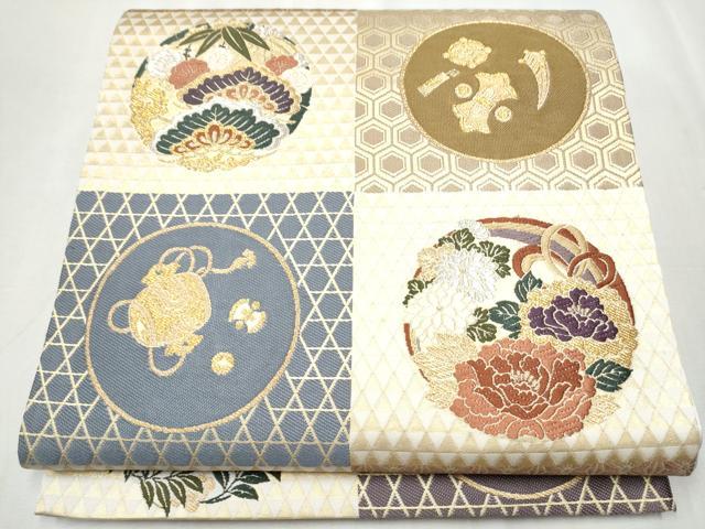 平和屋着物●六通柄袋帯　唐織　宝尽くし草花丸文　金銀糸　正絹　逸品　CABB0680hy