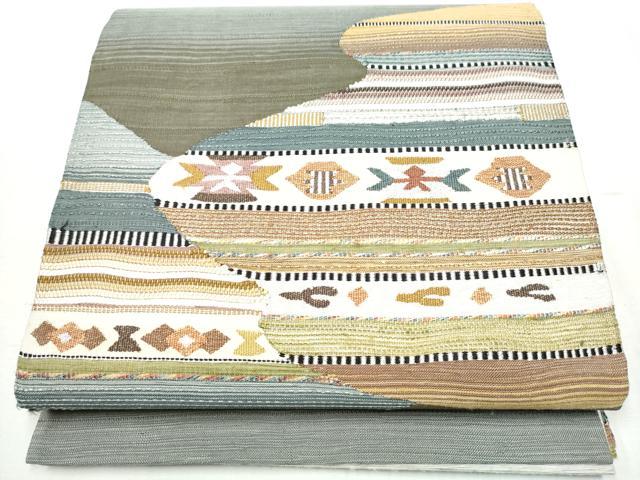 平和屋着物●太鼓柄袋帯　すくい織　横段幾何学文様　金糸　正絹　逸品　CABB0688hy