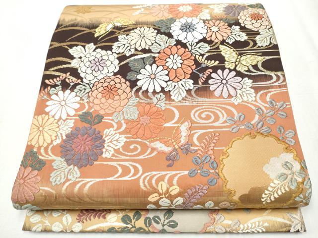 平和屋着物●六通柄袋帯　唐織　雪輪花蝶文　金糸　正絹　逸品　CABB0727hy