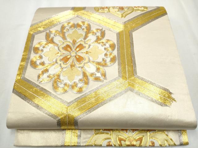 平和屋着物●西陣　川島織物太鼓柄袋帯　総刺繍　駒刺繍　亀甲花文　本金　正絹　逸品　CABB0752hy