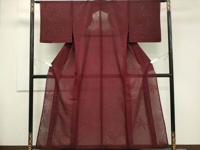 平和屋着物＊夏物　色無地　絽　舞葉紋紗　暗紅色　正絹　逸品　CABB1716ou