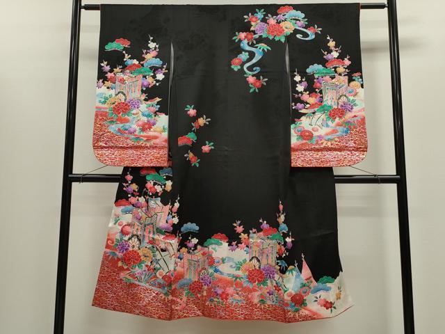 平和屋着物[]七五三　女の子　７歳　祝着　四つ身　松竹梅御所車花文　暈し染め　黒地　金銀彩　逸品　CABB2059ze