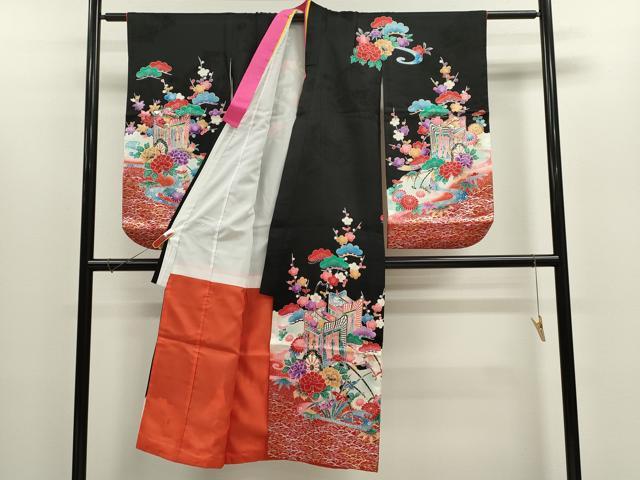 平和屋着物[]七五三　女の子　７歳　祝着　四つ身　松竹梅御所車花文　暈し染め　黒地　金銀彩　逸品　CABB2059ze_1