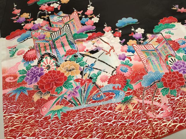 平和屋着物[]七五三　女の子　７歳　祝着　四つ身　松竹梅御所車花文　暈し染め　黒地　金銀彩　逸品　CABB2059ze_2
