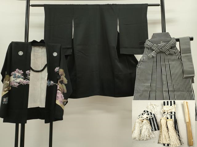 平和屋着物[]七五三　男の子　祝着・羽織・袴・小物セット　宝船　黒地　金彩　逸品　CABB2065ze