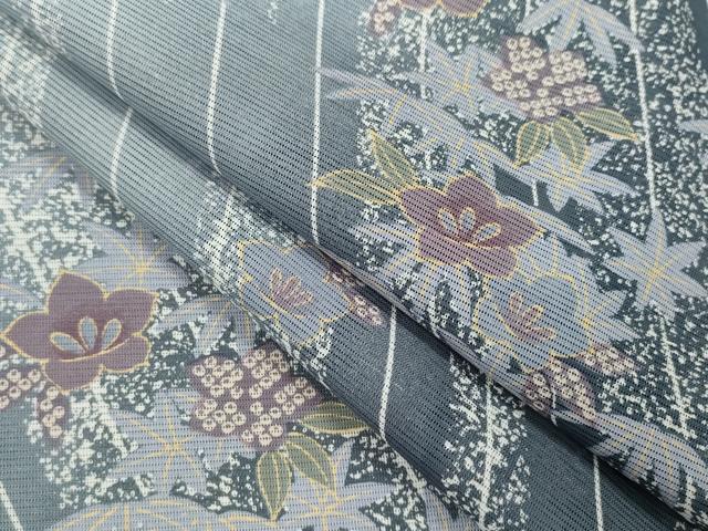 平和屋着物＊夏物　小紋　絽　矢羽根草花文　たたき染め　洗える着物　CABB2092ze