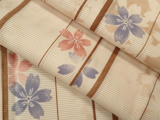 平和屋着物＊夏物　小紋　絽　縞　舞桜文　洗える着物　未使用　CABB2094ze