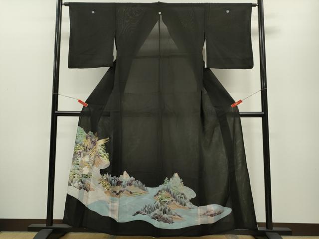 平和屋着物＊夏物　黒留袖　絽　刺繍　尾長鳥風景文　銀彩　洗える着物　CABB2168ze