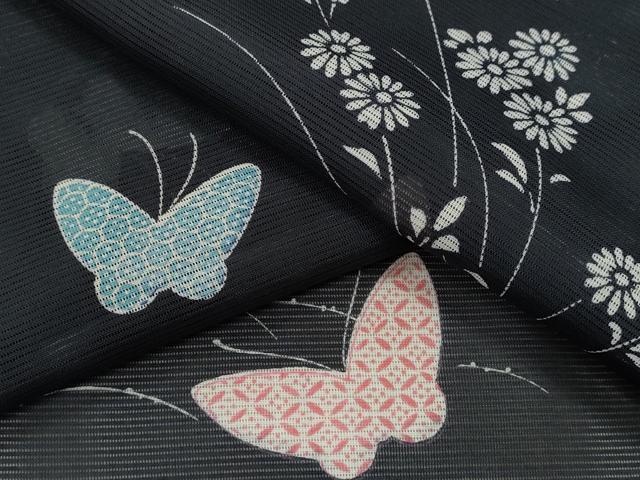平和屋着物＊夏物　小紋　絽　舞蝶草花文　洗える着物　CABB2183ze