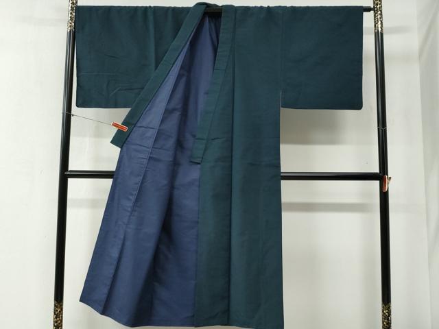 平和屋着物●男性　紬　アンサンブル　色無地　濃紺地　正絹　逸品　CABB4016yc_1