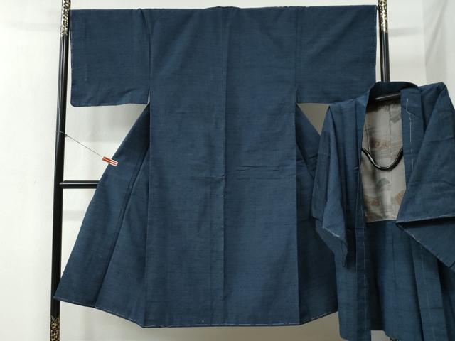 平和屋着物●男性　紬　アンサンブル　色無地　紺青色　正絹　逸品　未使用　CABB4047yc