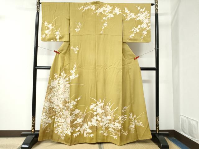 平和屋着物●訪問着　駒刺繍　牡丹草花文　金通し地　正絹　逸品　CABB4079yc