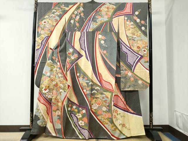 平和屋着物●豪華振袖　駒刺繍　熨斗檜扇花松文　金彩　正絹　逸品　CABB4137yc