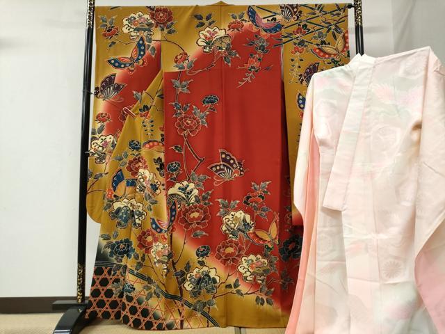 平和屋着物○豪華振袖・長襦袢セット 型染め 籬花蝶文 暈し染め 正絹 