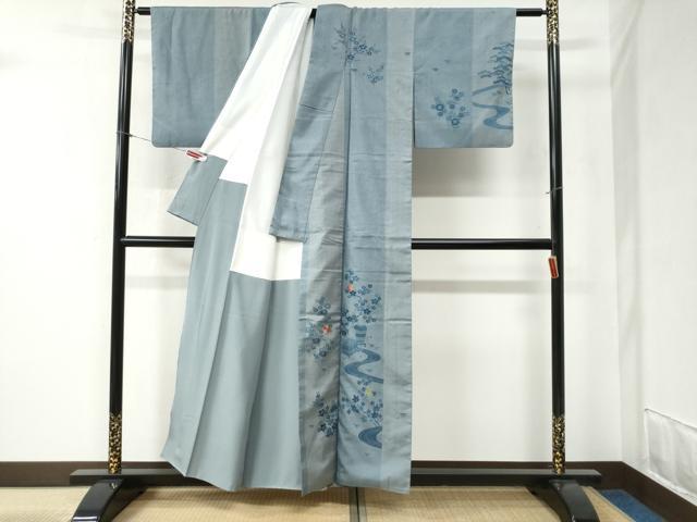平和屋着物●人間国宝　五代　田畑喜八　訪問着　紬地　刺繍　竜田川文箱花文　正絹　逸品　CABB4442yc_1