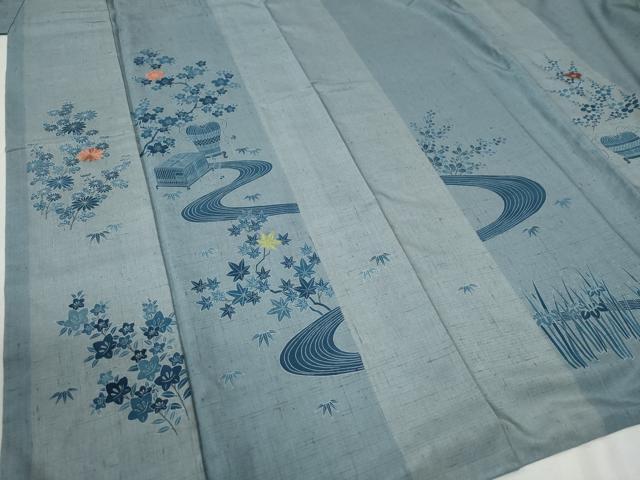 平和屋着物●人間国宝　五代　田畑喜八　訪問着　紬地　刺繍　竜田川文箱花文　正絹　逸品　CABB4442yc_3
