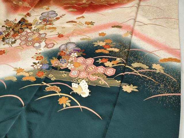 平和屋着物○豪華振袖 駒刺繍 花蝶文 暈し染め 金彩 正絹