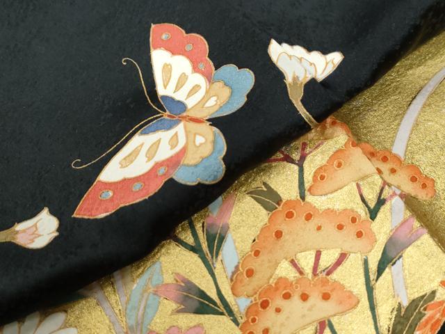 平和屋-こころ店■豪華振袖　花蝶丸文　暈し染め　黒地　金彩　着丈165.5cm　裄丈69cm　正絹　逸品　A-ck5561 暈し染め 金彩 逸品 平和 AAAJ0213Bzg 枝花文