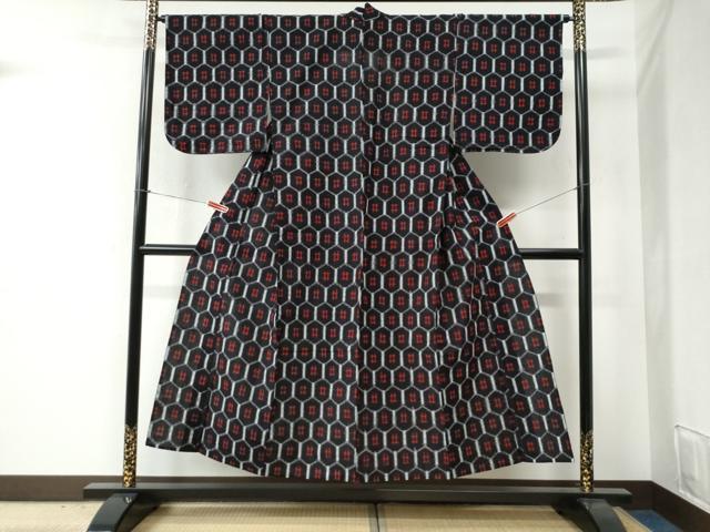 平和屋着物●久留米絣　単衣　亀甲井桁絣　綿　逸品　未使用　CABB4686yc_1