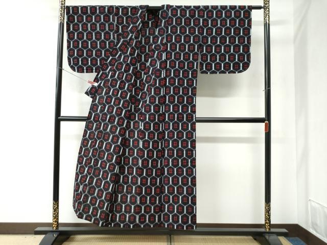 平和屋着物●久留米絣　単衣　亀甲井桁絣　綿　逸品　未使用　CABB4686yc_2