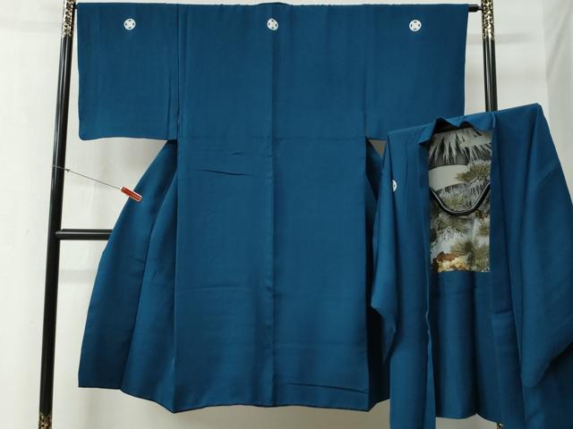 平和屋着物●男性　色紋付　羽織セット　藍色　羽裏：遠山枝松葉　正絹　逸品　CABB4741yc