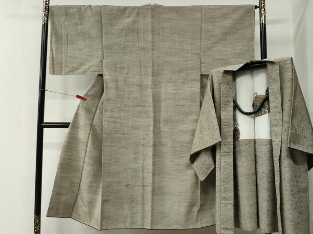 平和屋着物●男性　紬　髭紬羽織セット　色無地　白橡色　正絹　逸品　CABB4742yc