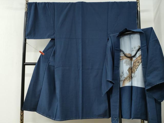 平和屋着物●男性　紬　アンサンブル　色無地　紺青色　正絹　逸品　未使用　CABB4752yc